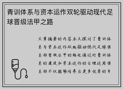 青训体系与资本运作双轮驱动现代足球晋级法甲之路