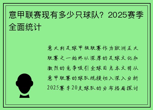 意甲联赛现有多少只球队？2025赛季全面统计
